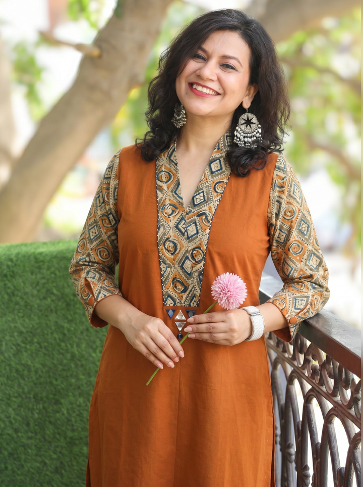 Barsha Burnt Orange Kalamkari V Neck Cotton Kurti