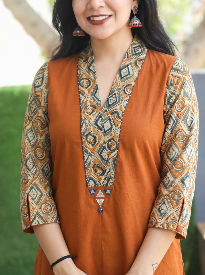 Barsha Burnt Orange Kalamkari V Neck Cotton Kurti
