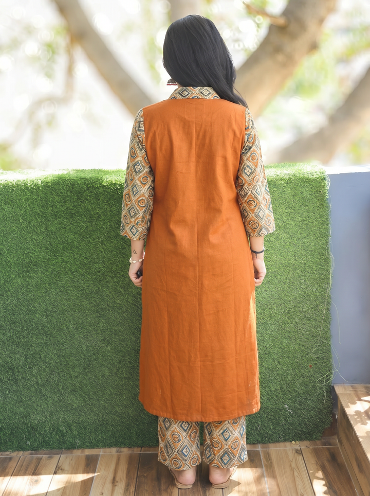 Barsha Burnt Orange Kalamkari V Neck Cotton Kurti