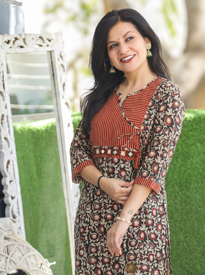 Jugni Oil Black Stripe Angrakha Yoke Kalamkari Cotton Kurti