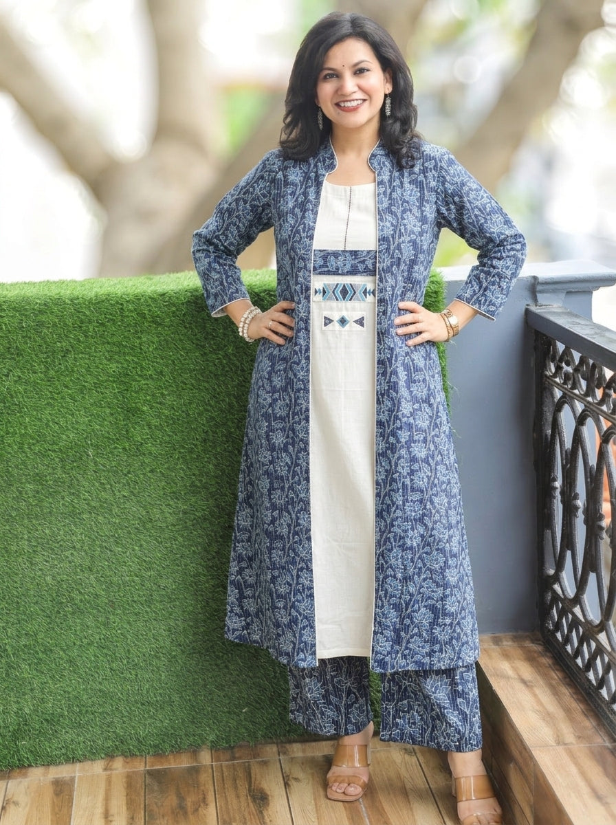 Deewani White with Blue Cotton Jacket Co-ord Set