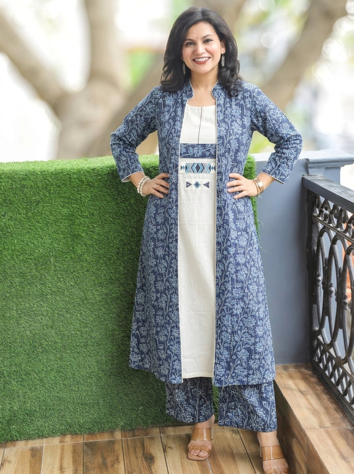 Deewani White with Blue Cotton Jacket Co-ord Set