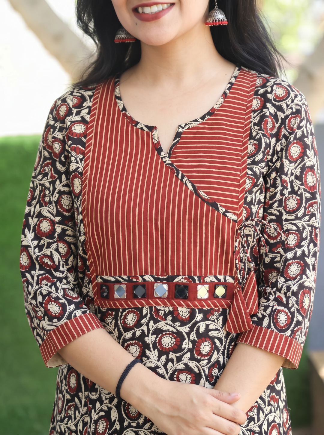 Jugni Oil Black Stripe Angrakha Yoke Kalamkari Cotton Kurti