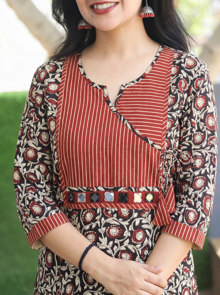 Jugni Oil Black Stripe Angrakha Yoke Kalamkari Cotton Kurti