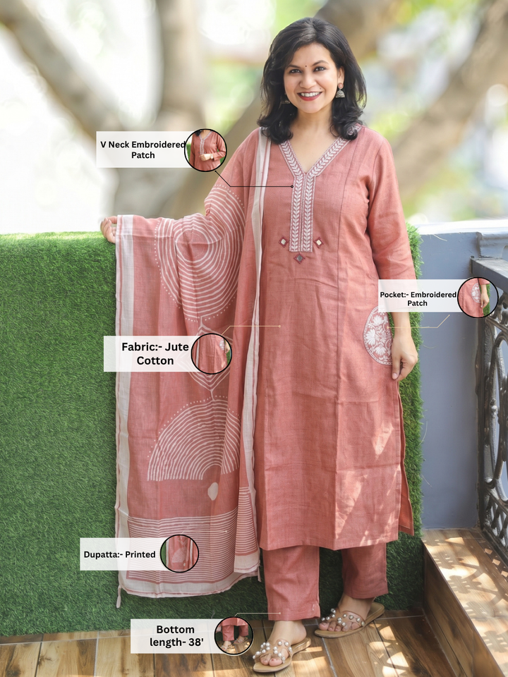 Shobha Coral Peach MIrror Jute Cotton 3 Piece Set