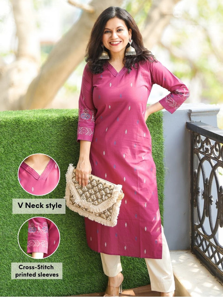 Pankhudi Berry Plum V Neck Printed Work Cotton Kurti