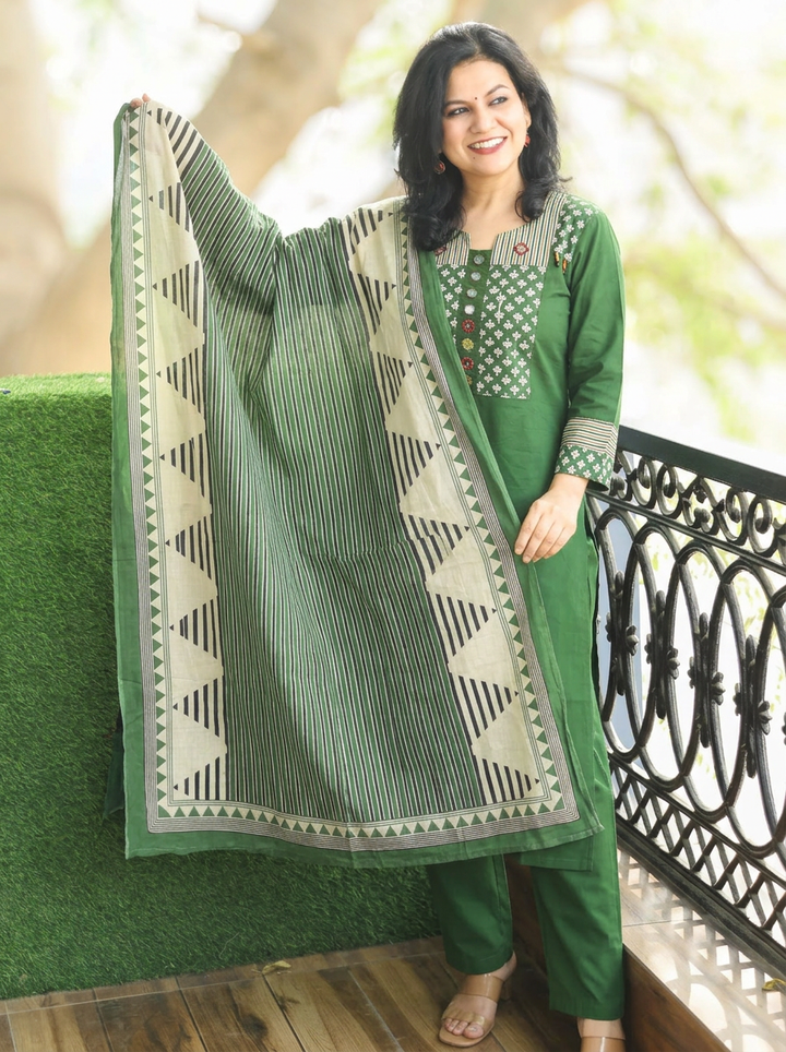 Jessica Sage Green Mirror Yoke Cotton 3 Piece Set