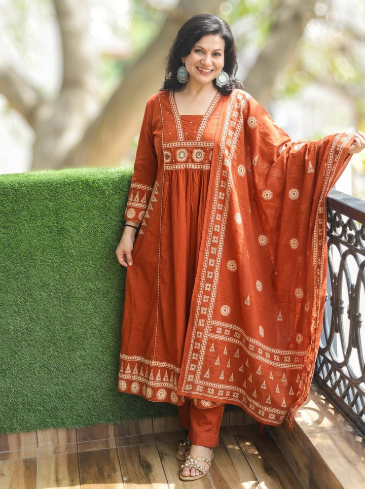 Sharvari Rust Orange Gathered Flaired Cotton 3 PIece Set