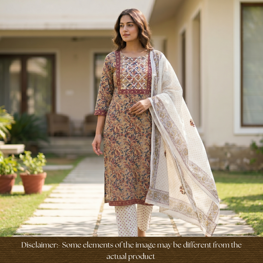 Nushrat Olive Green Kalamkari Printed Applique Cotton Set
