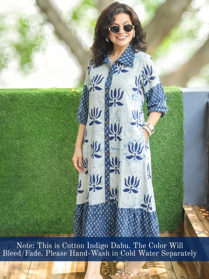 Asya Ice Blue with Blue Lotus Dabu Button Down Cotton Dress