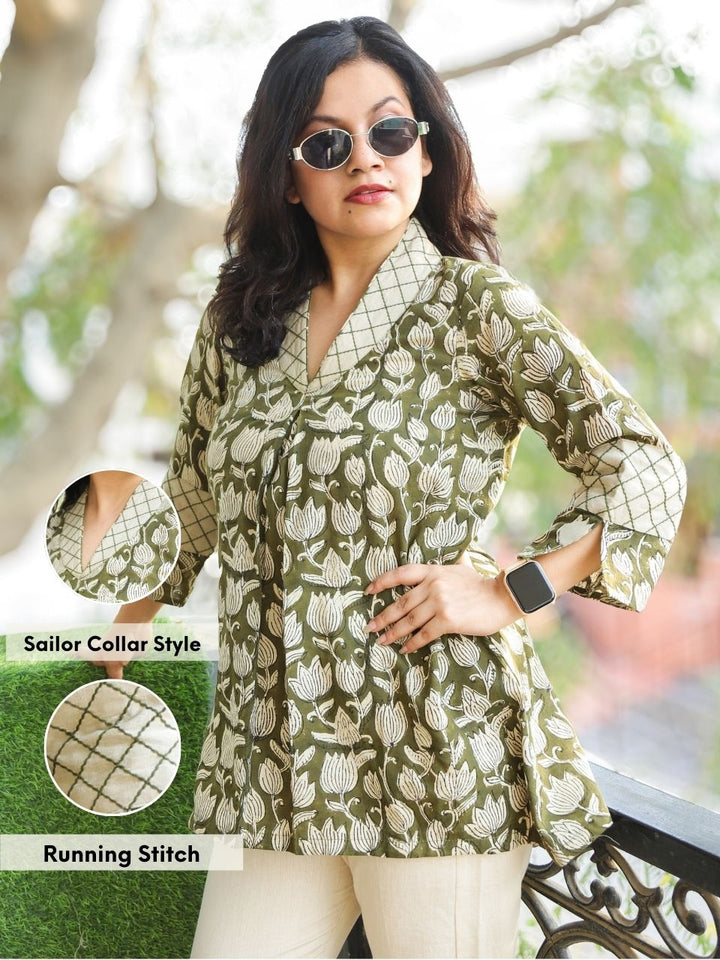 Bani Fern Green Sailor Collar Neck Floral Printed Work Short Cotton Kurti