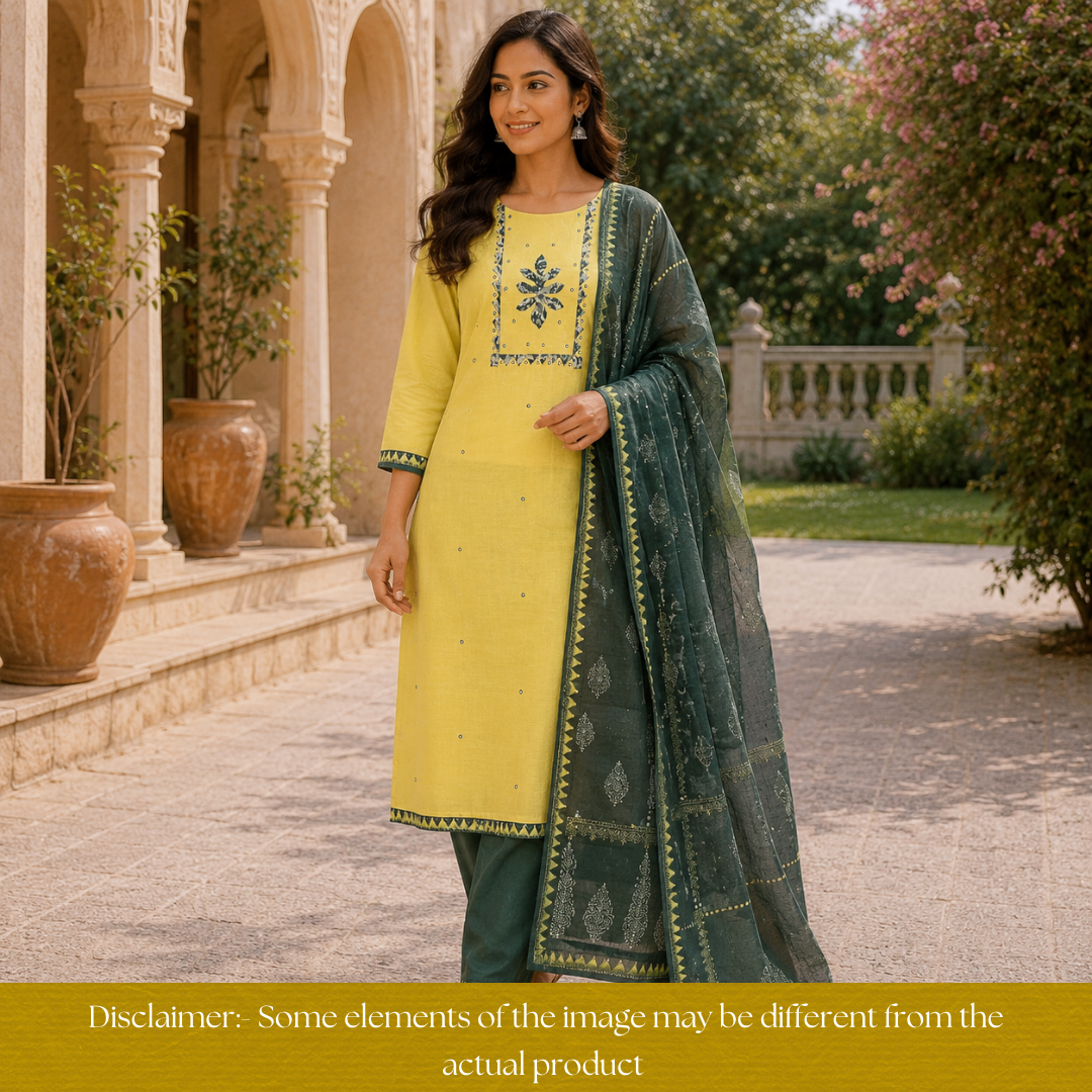 Bansi Butter Yellow Applique with Patra Yoke Cotton Set
