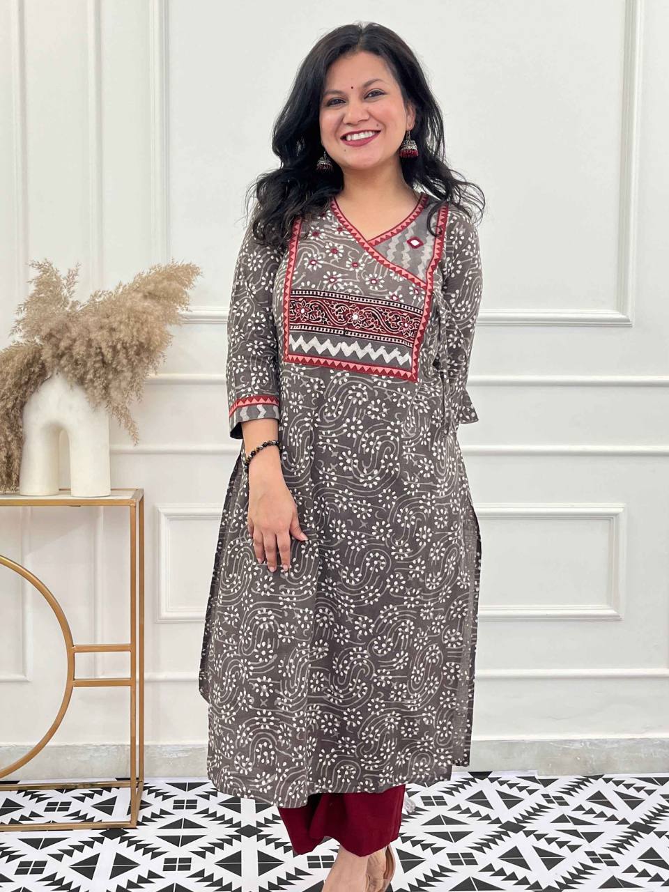 Ghoomar Latte Brown Kutch Mirror Neck Work Angrakha Cotton Kurti-D5