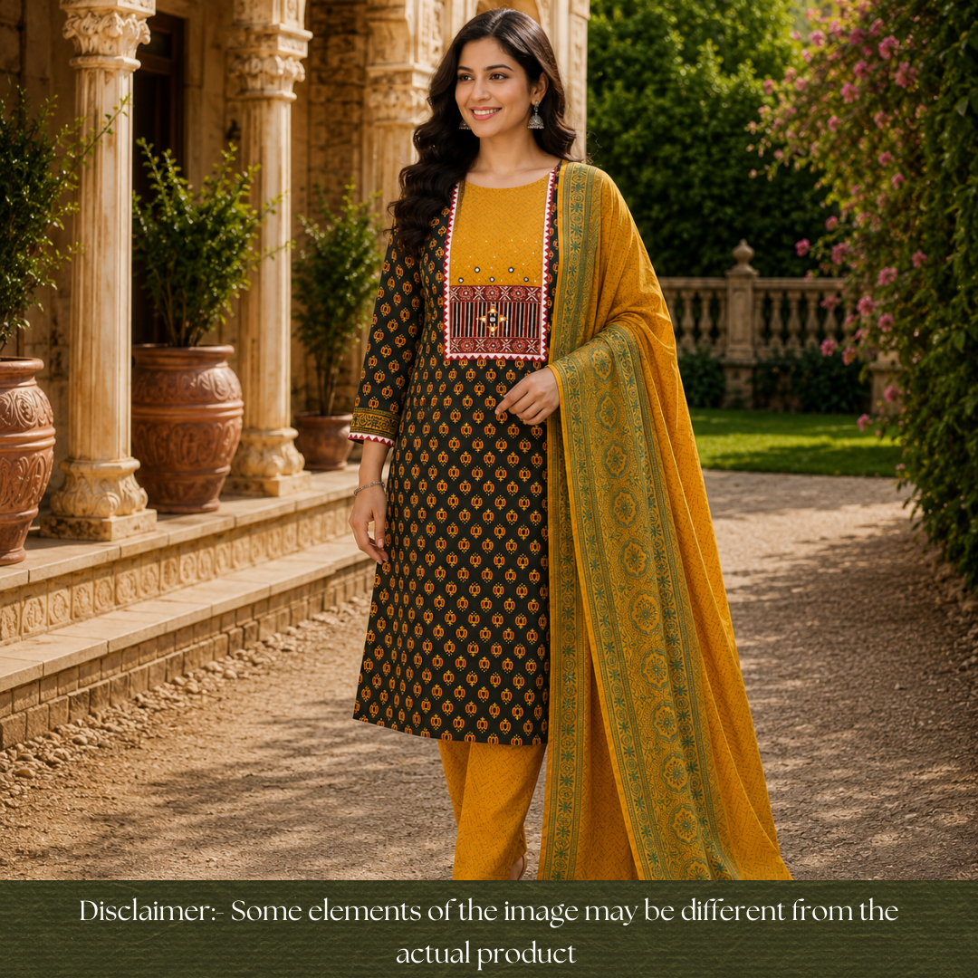 Saheli Pine Green Kutch Mirror Yoke Lotus Print Cotton Set