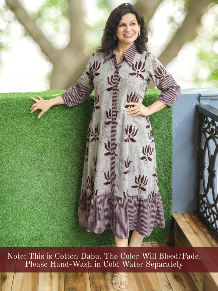 Asya Faded Grey with Maroon Lotus Dabu Button Down Cotton Dress