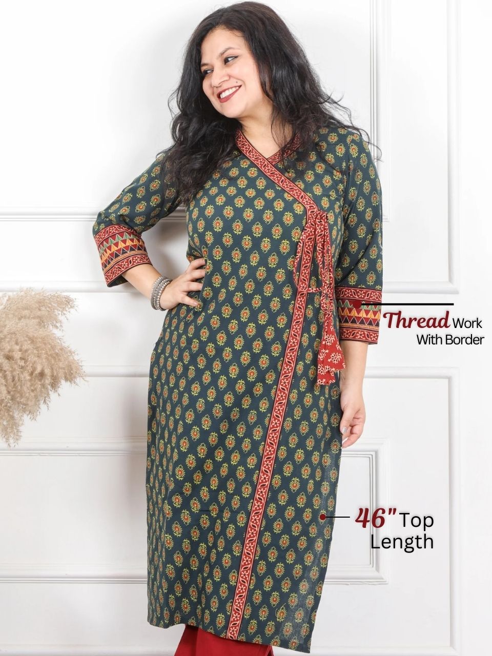 Shaayraana Sacramento Green Kutch Fusion Work Angrakha Style Cotton Kurti