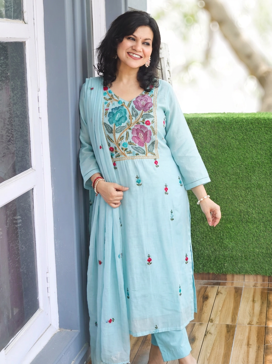 Navira Powder Blue Kolkata Hand Embroidered 3 Piece Set