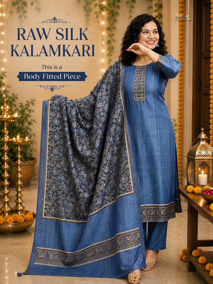 Sushma Blue Mirror Work Patch Raw Silk 3 Piece Set