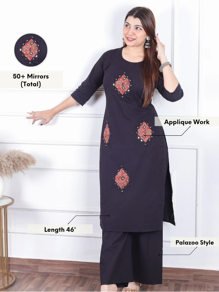 Chanda Ebony Black Applique Patch Work with Mirror Cotton 2 Piece Set