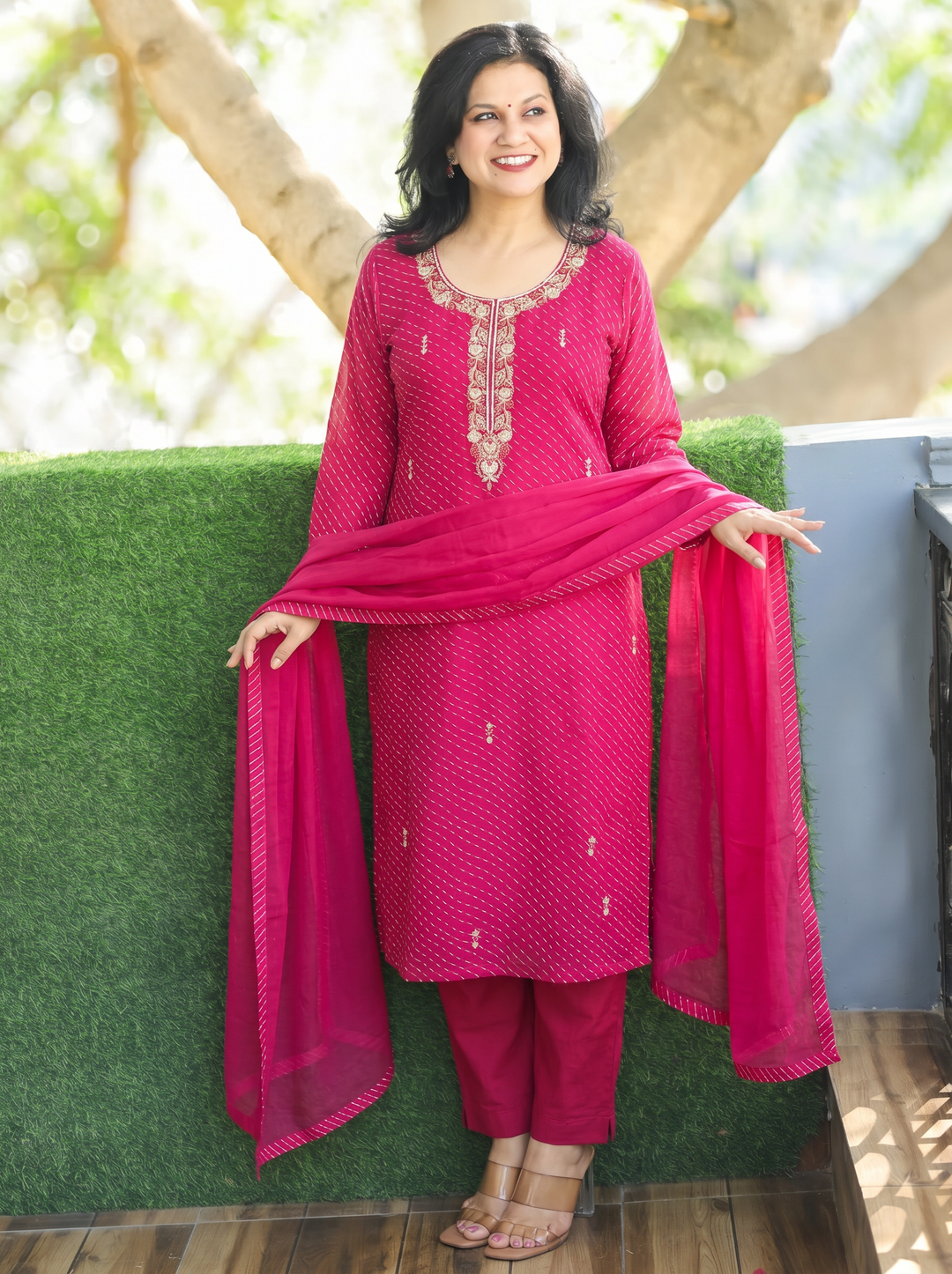 Leher Rani Pink Embellished Leheriya Georgette 3 Piece Set