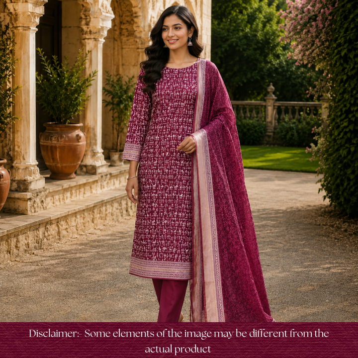Anaya Berry Purple Warli Printed in Mangalgiri Hem Work Cotton Set D3
