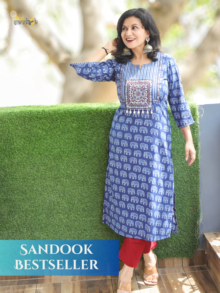 Vamika Indigo Blue Gajj Printed Cotton Kurti