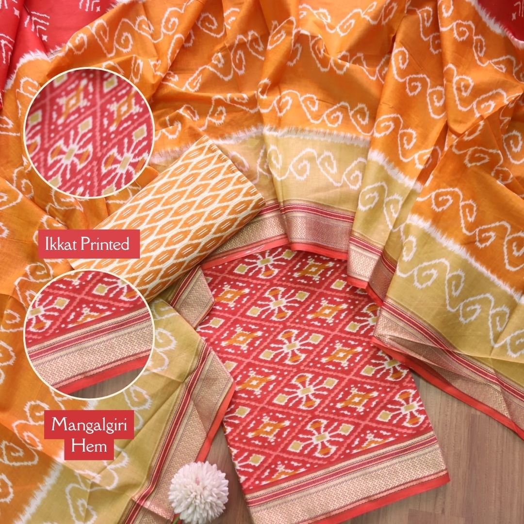 Kaasvi Barn Red Ikkat Printed Mangalgiri Hem Work Cotton Suit Set