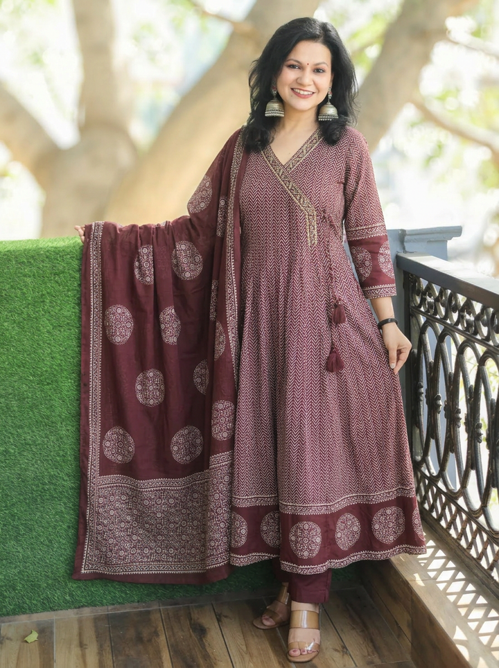 Sharvari Wine Angrakha Style Anarkali Cotton 3 PIece Set