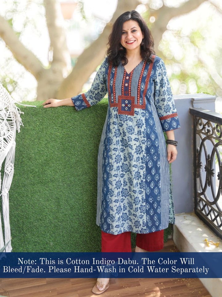 Drishti Stone Blue Dabu Floral Printed Triple Panel Cotton Kurti