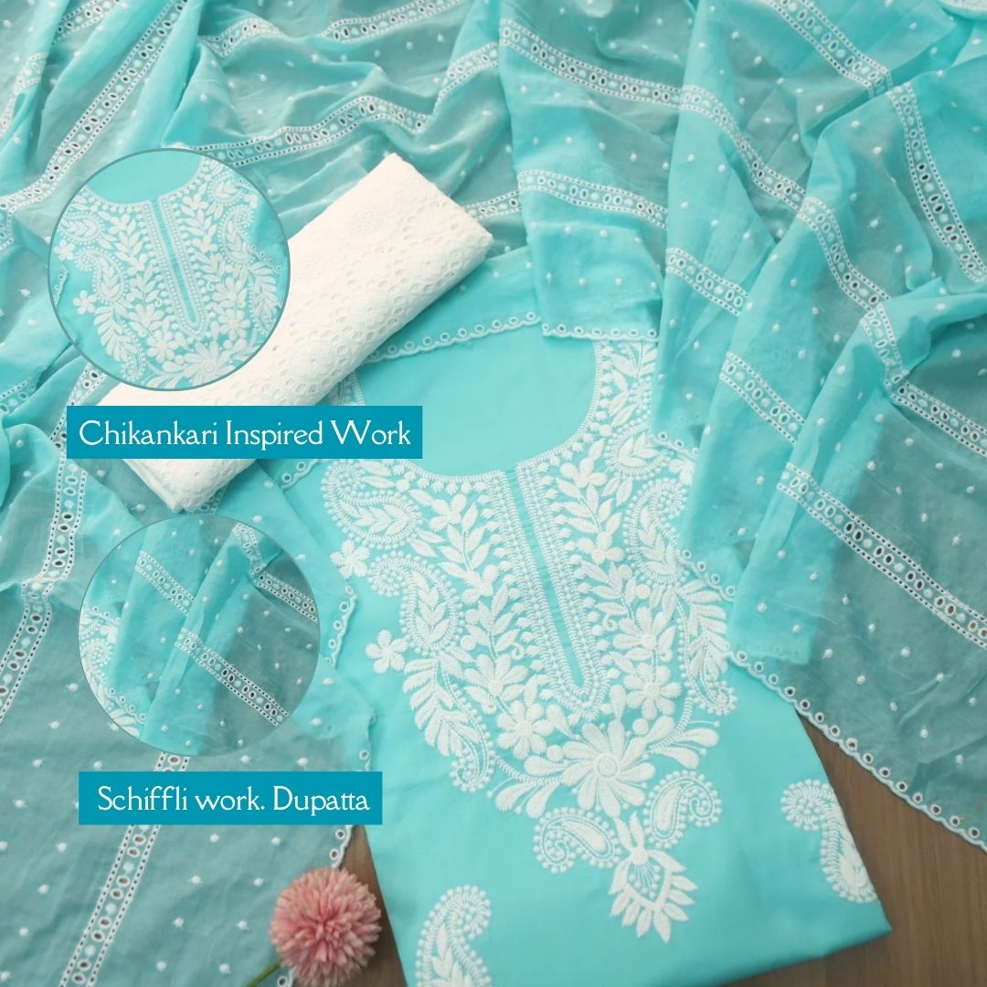 Apurav Aqua Cyan Chikankari inspired Neck Work Cotton Suit Set