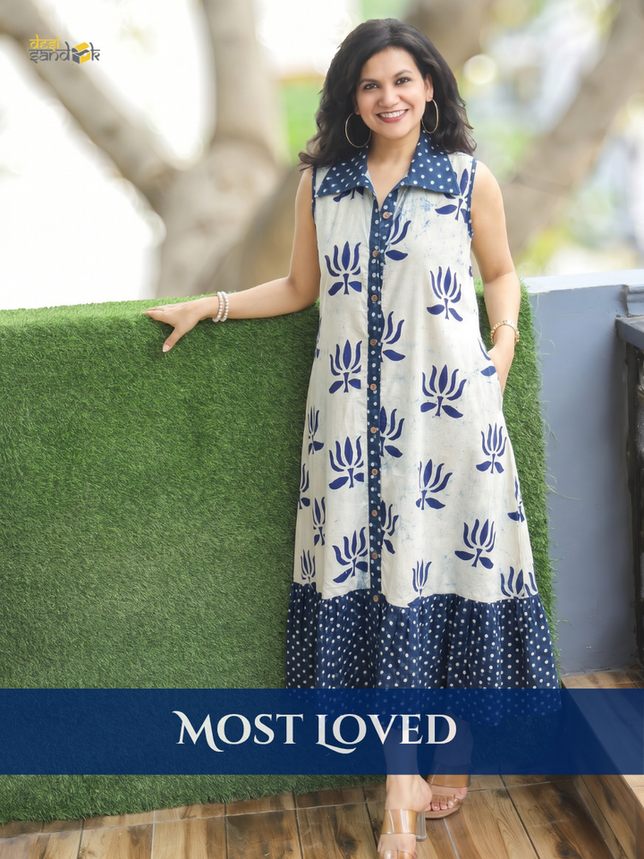 Asya Ice Blue Sleeveless Lotus Dabu Print Cotton Dress
