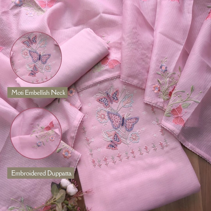 Ranjha Frosty Pink Moti Embellish Neck Work Kota Doriya Suit Set