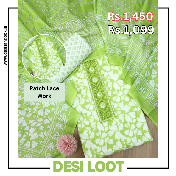 Narazzi Parrot Green Patch Lace Work Floral Printed Cotton Suit Set