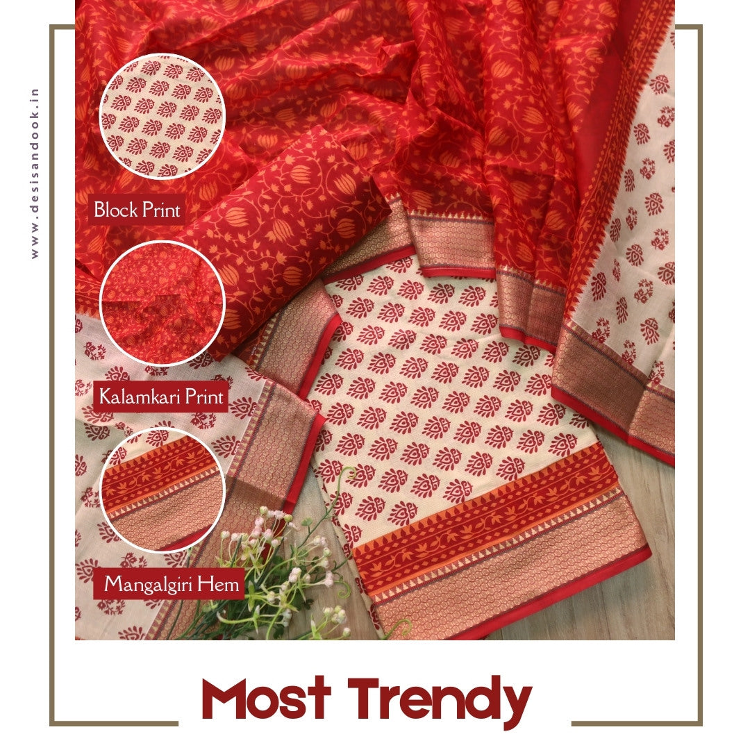 Lagauni Off Beige Printed Work With Red Mangalgiri Hem Cotton Suit Set