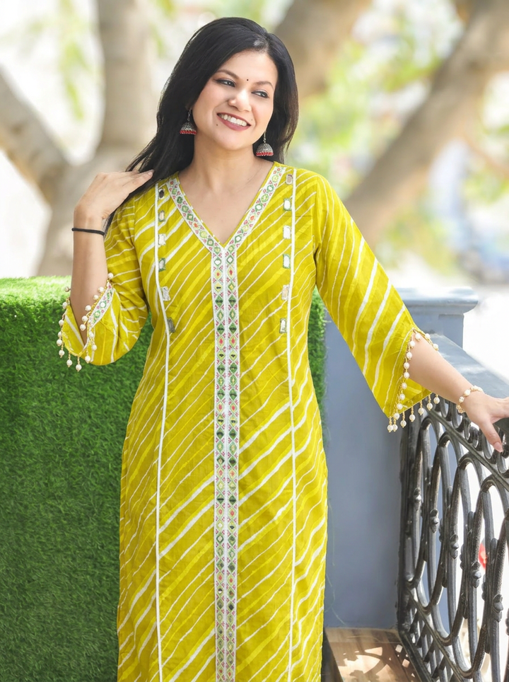 Leher Leaf Green Embroidered Lace Panel Leheriya Cotton Kurti
