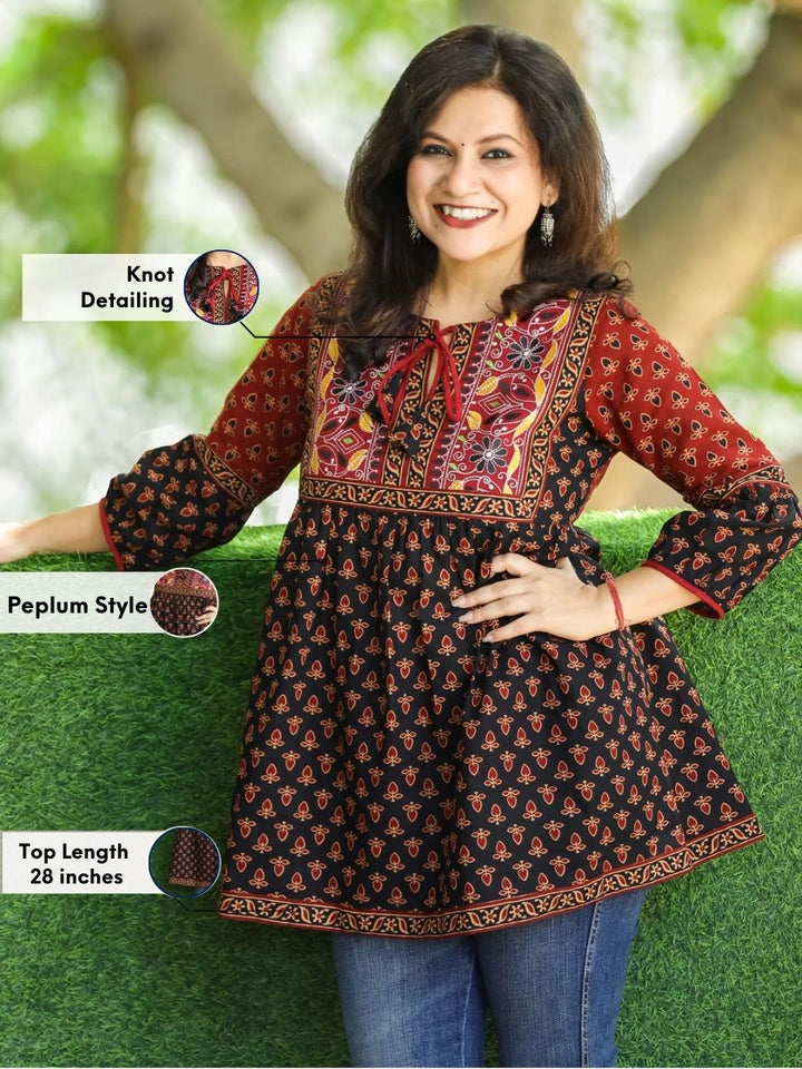 Paro Faded Black Kutch Patch with Knot Ajrak Printed Peplum Short Cotton Kurti