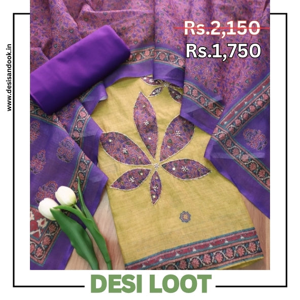 Rudrashi Mustard Yellow Kardana Work in Ajrak Printed Style Cotton Linen Suit Set