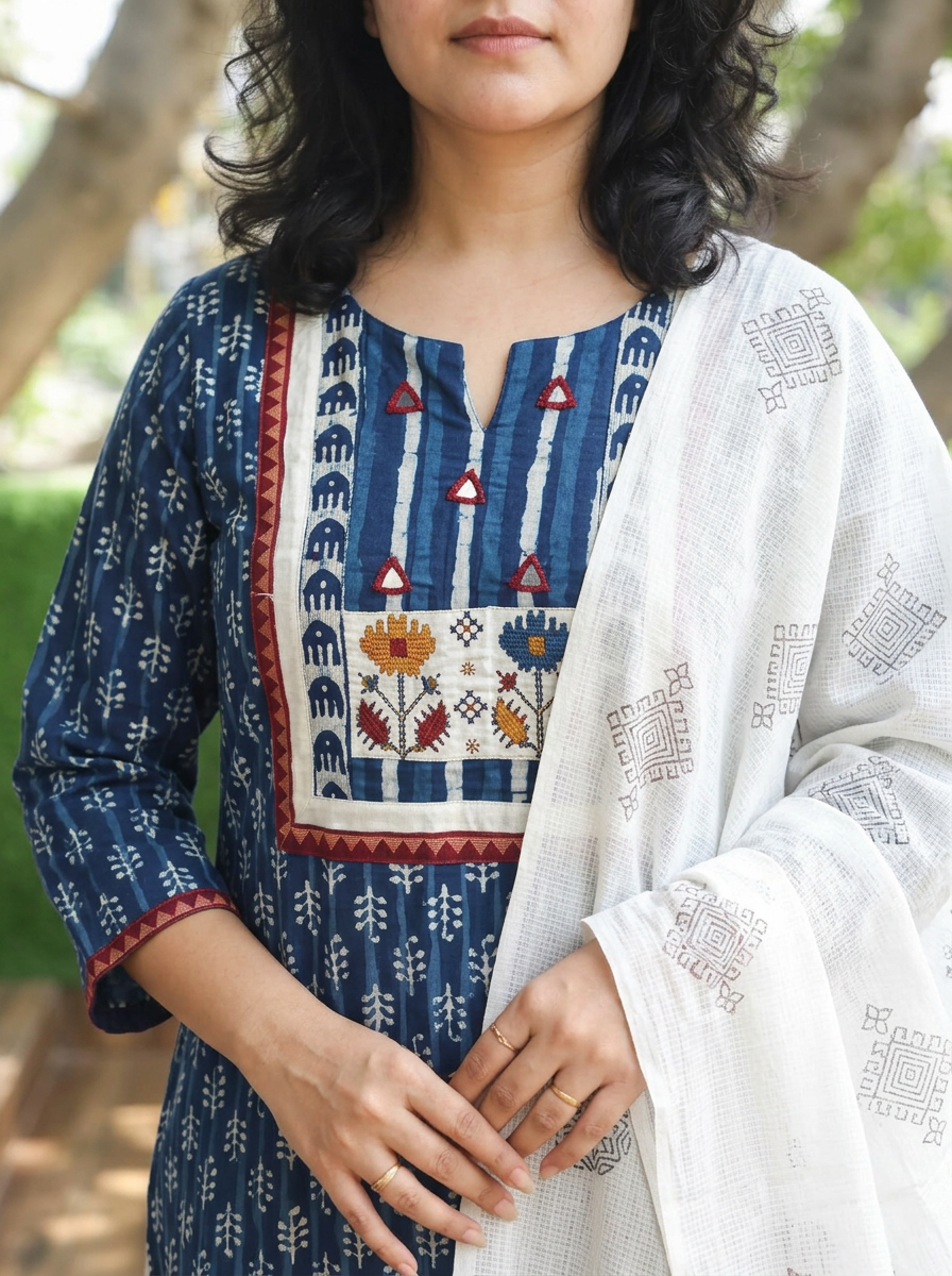 Rupali Indigo Blue Dabu Printed 3 Piece Set D1