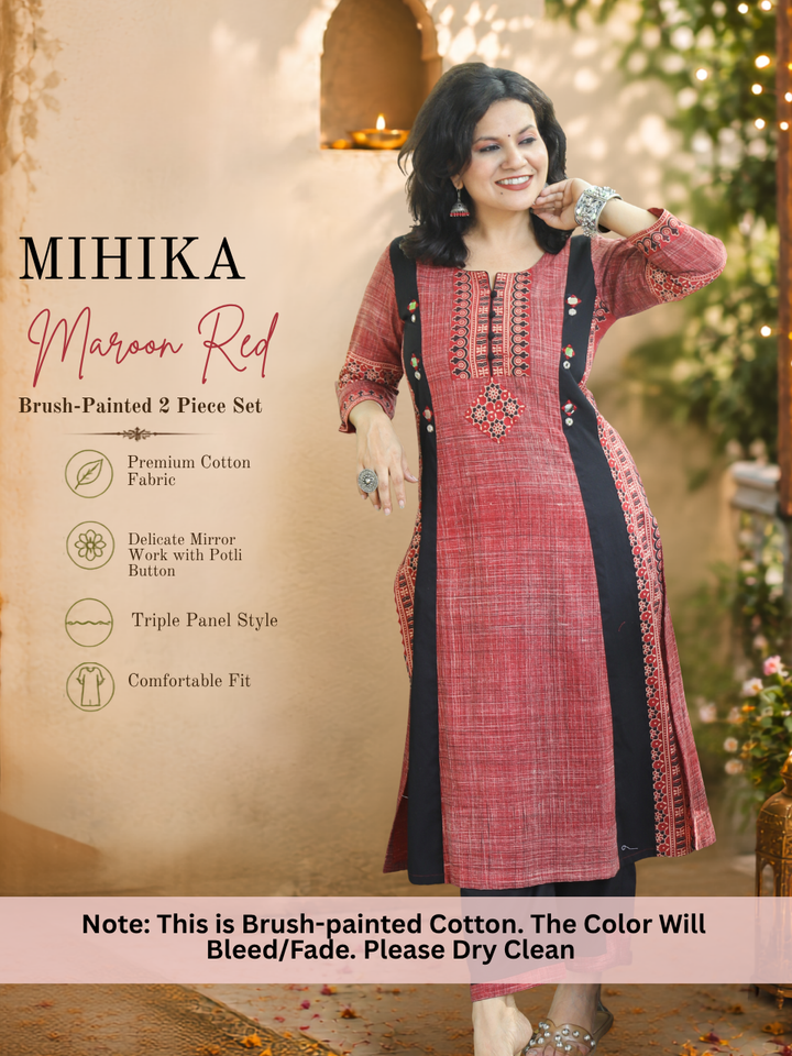 Mihika Maroon Red Triple Panel Brush Print 2 Piece Set