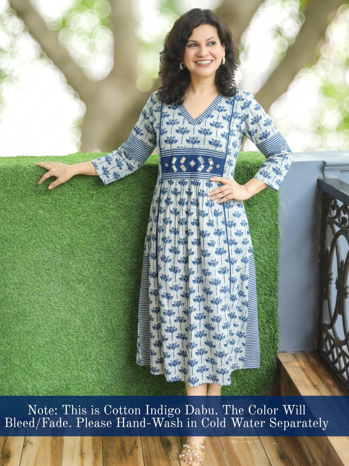 Jyotica Glacier Blue Mirror work Panel Style Cotton Dress
