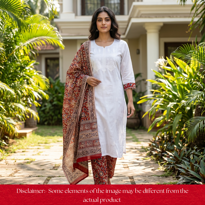 Khushi Beige Top with Bride Red Kalamkari Printed Dupatta Set