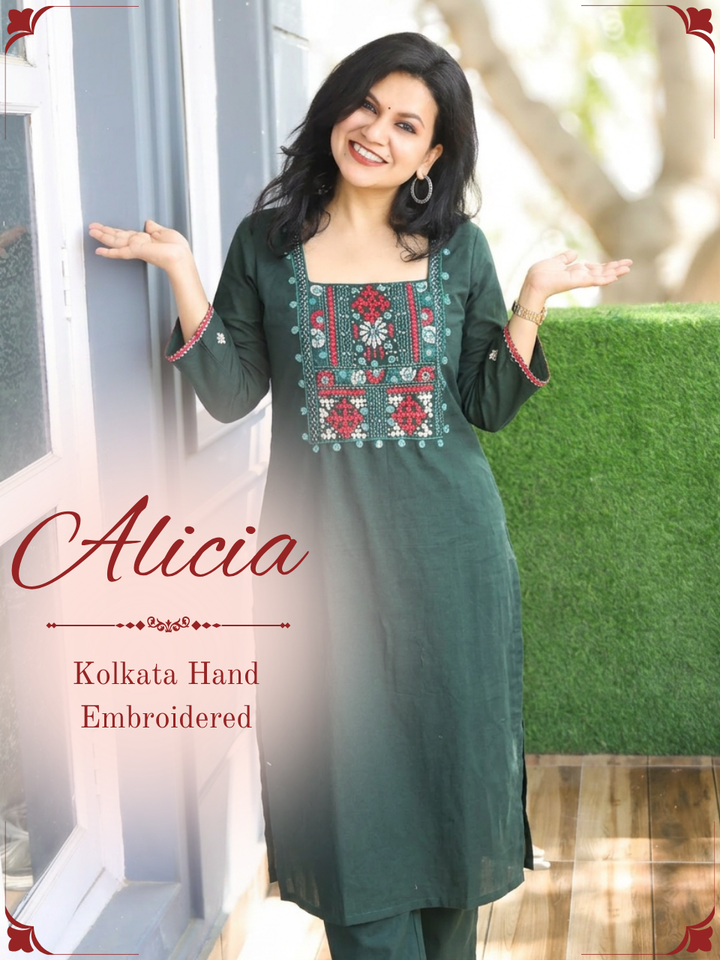 Alicia Emerlad Green Kolkata Hand Embroidered 2 Piece Set
