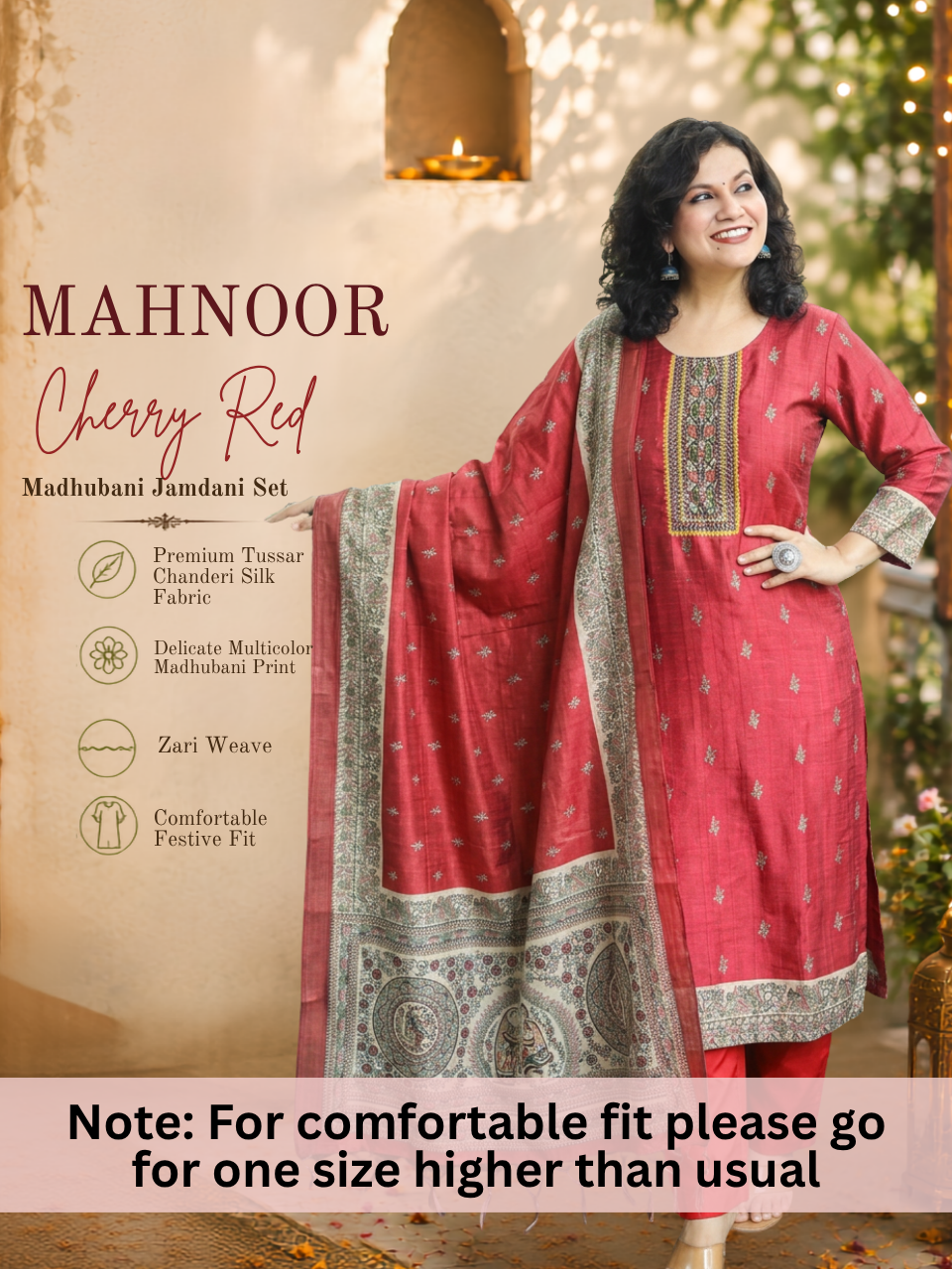Mahnoor Cherry Red Madhubani Tussar Chanderi Silk 3 Piece Set