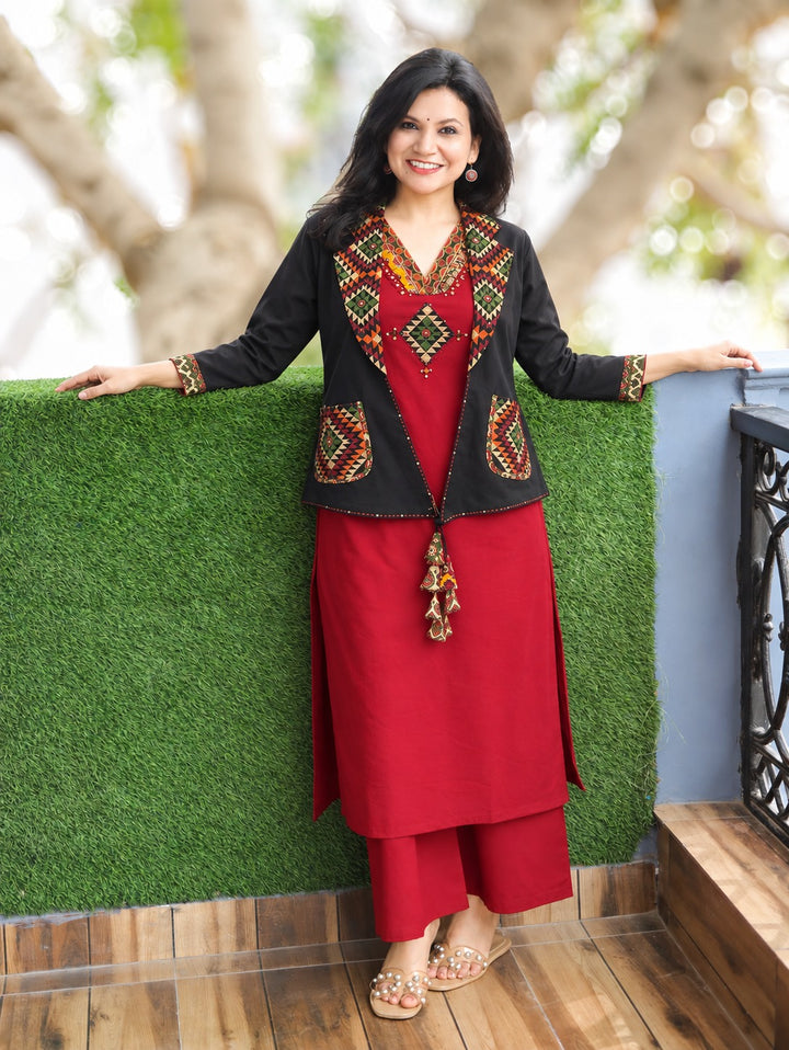 Kavish Berry Red Embroidered Cotton Blazer Set