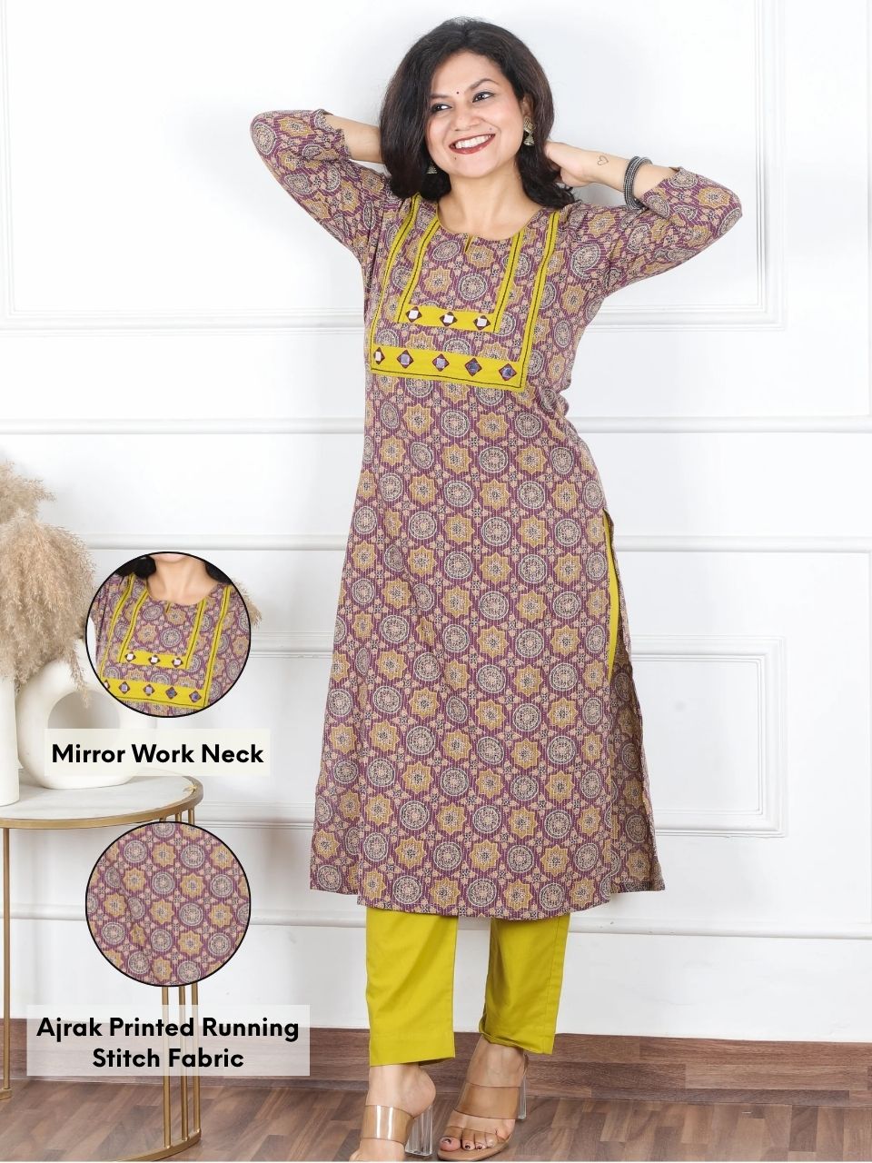 Hariyali Mulberry Onion Mirror Work in Ajrak Printed Running Work Cotton Kurti