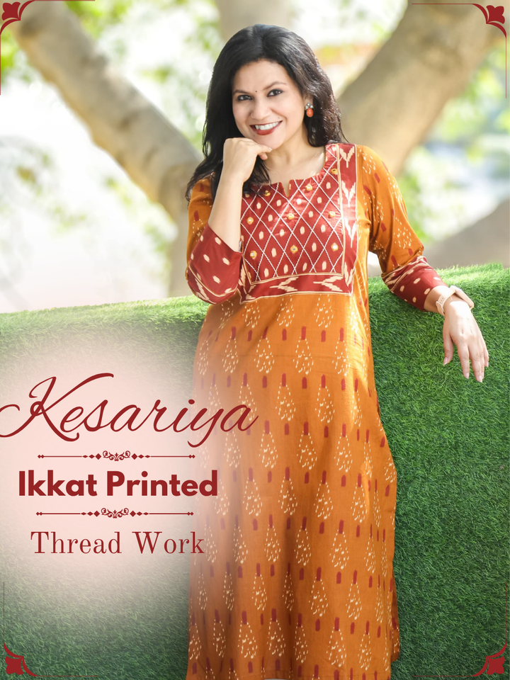 Kesariya Peanut Yellow with Barn Rust Yoke with Mirror Work Ikkat Printed Cotton Kurti