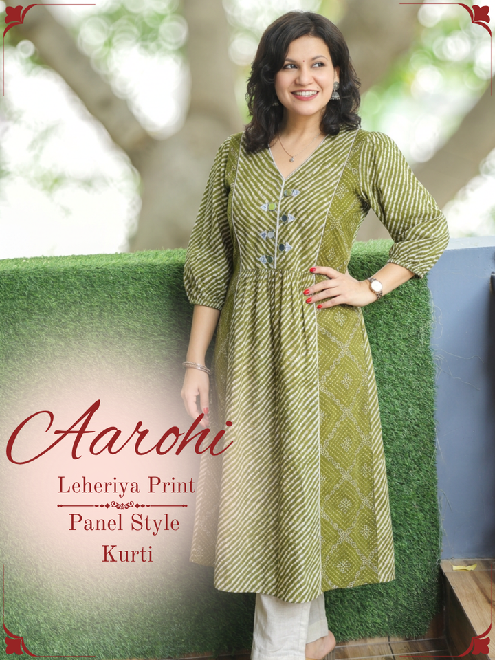 Aarohi Green Mirror with Leheriya Print Panel Cotton Kurti
