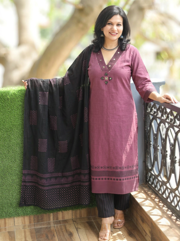 Sharmili Rose Mauve Mirror Handloom Cotton 3 Piece Set