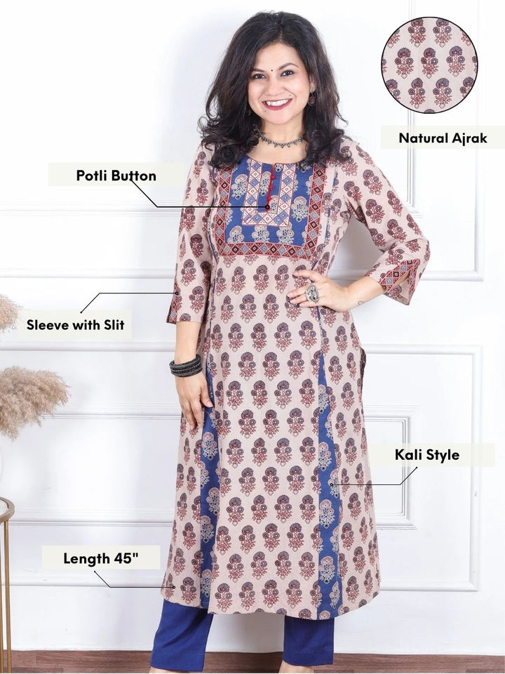 Dashtaan Skin Beige Authentic Ajrak Print with Potli Button Kali Style Cotton Kurti