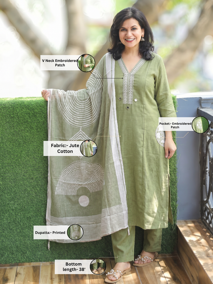Shobha Leaf Green MIrror Jute Cotton 3 Piece Set